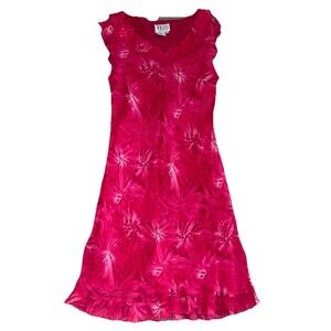 TESS Dress 100% Silk Fuchsia Pink Floral Print Cap Sleeve Ruffle Hem Sz 14 VTG